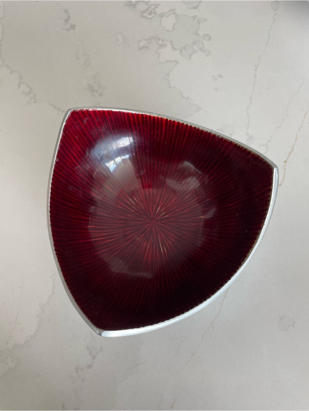 Handcrafted Ruby Red Enamel Bowl- Modern Silver Tone Catchall Dish, Made in Indi